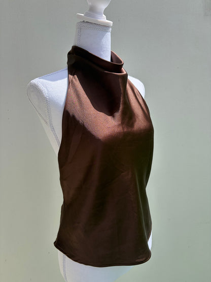 A sleek chocolate brown satin halter top