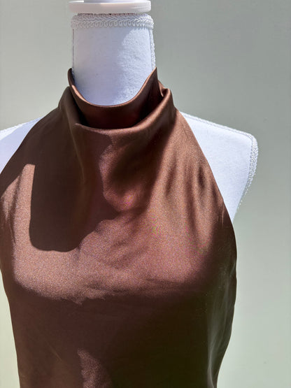 A sleek chocolate brown satin halter top