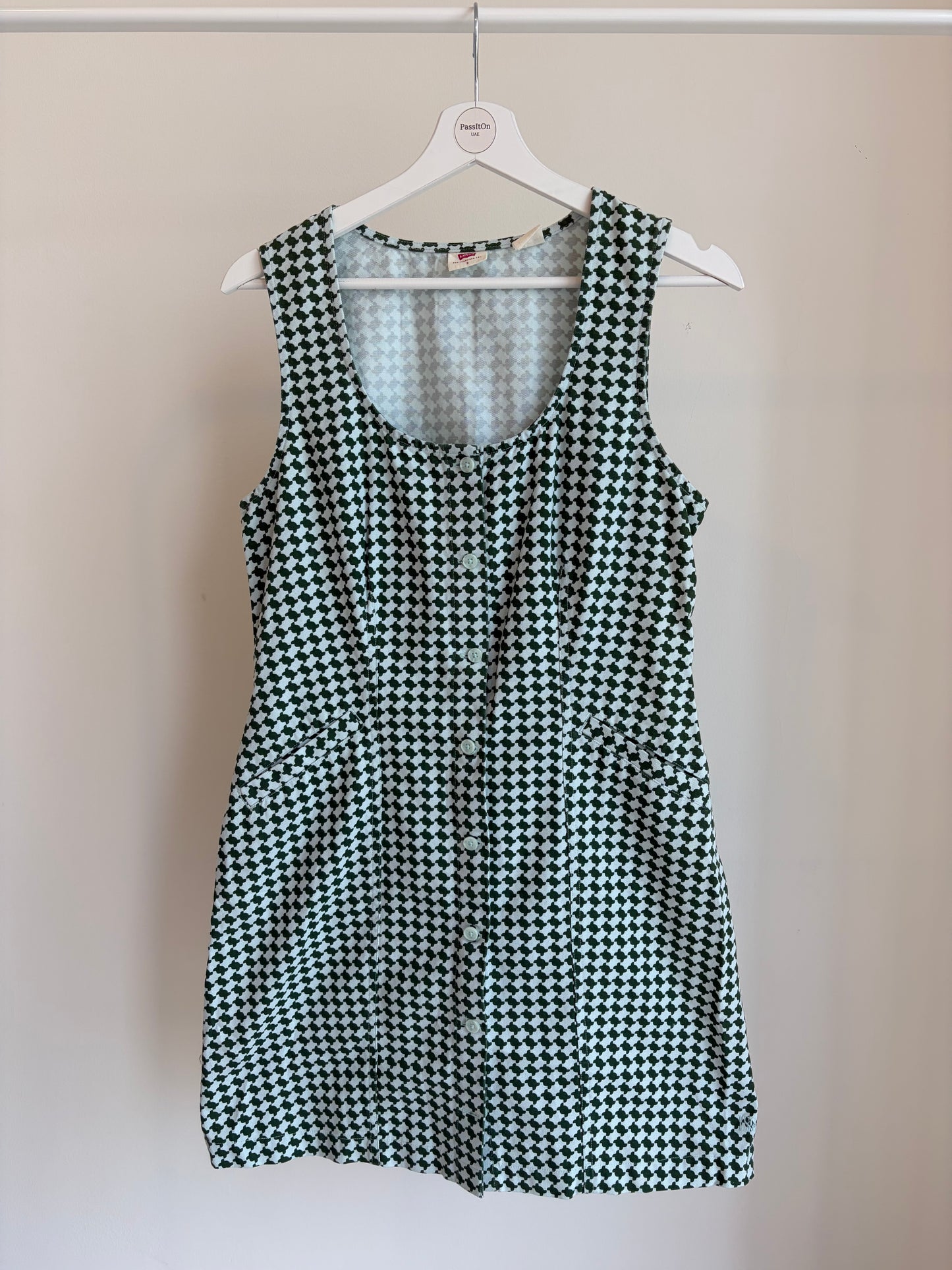 Green & White Patterned Button-Front Dress