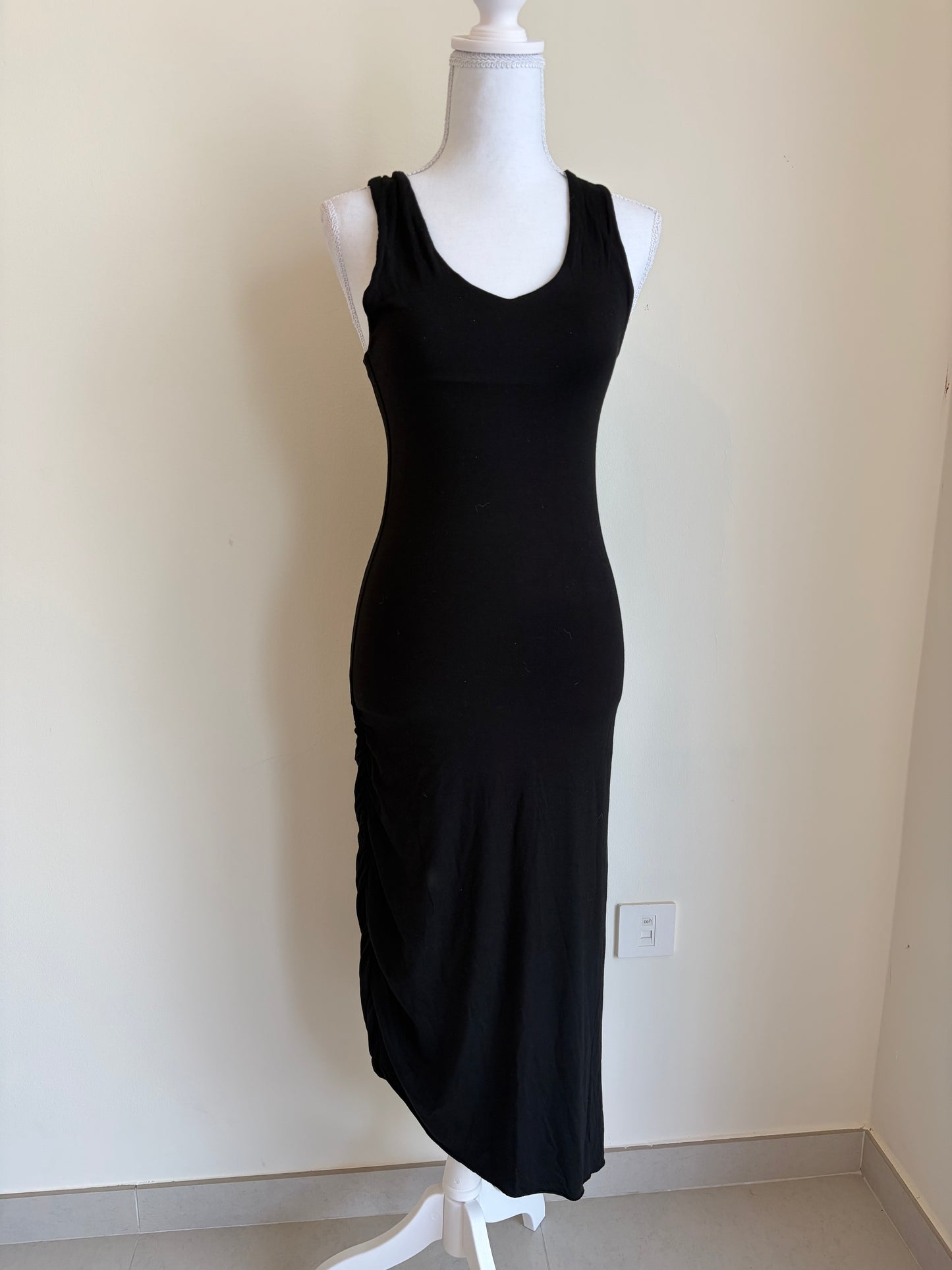 Black Bodycon Midi Dress (Ruched Detail)