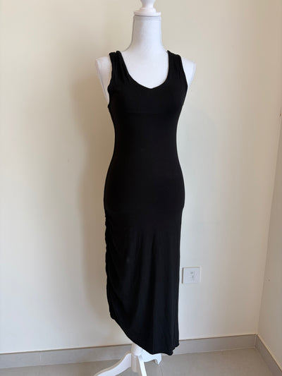 Black Bodycon Midi Dress (Ruched Detail)