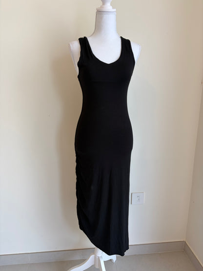 Black Bodycon Midi Dress (Ruched Detail)