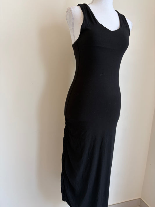 Black Bodycon Midi Dress (Ruched Detail)