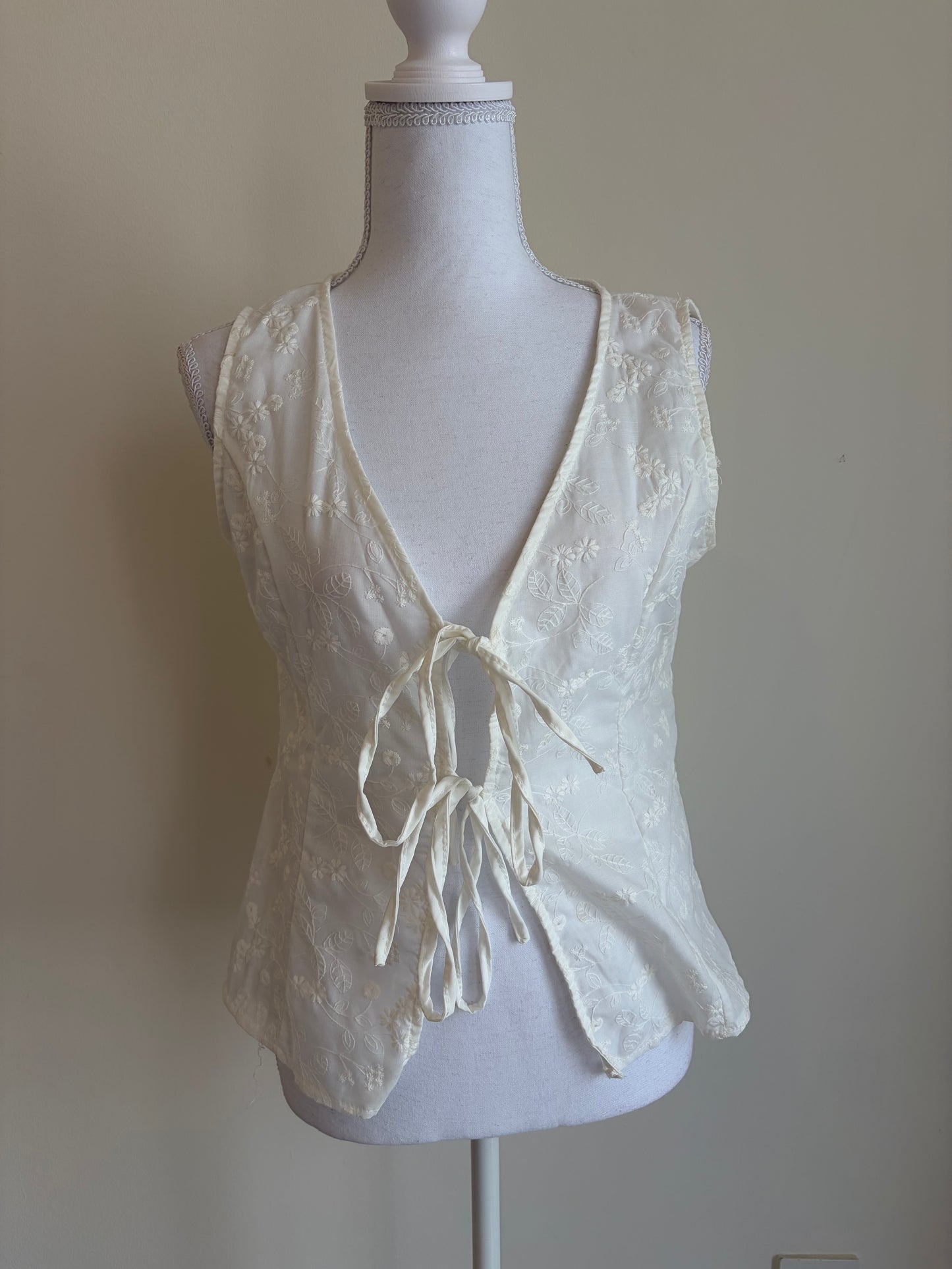 White Embroidered Tie-Front Top