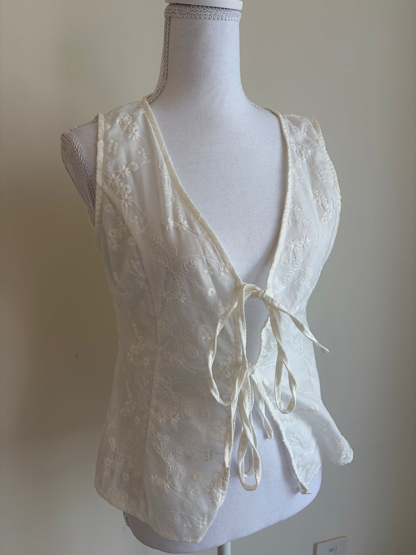 White Embroidered Tie-Front Top