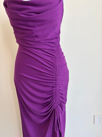 Purple Ruched Midi Dress with Cowl Neck