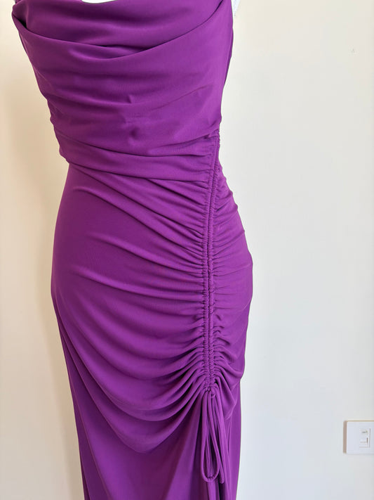 Purple Ruched Midi Dress with Cowl Neck