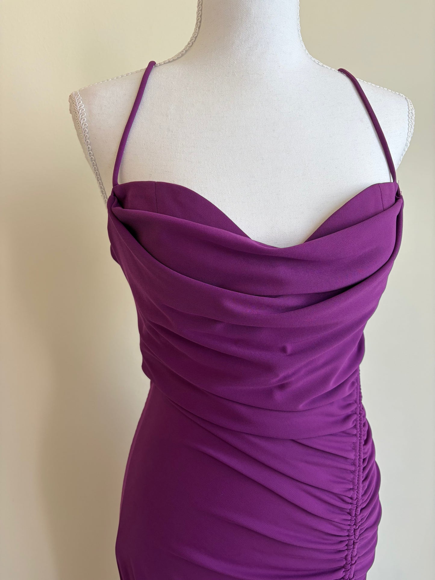 Purple Ruched Midi Dress with Cowl Neck