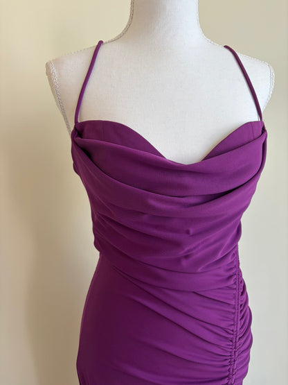Purple Ruched Midi Dress with Cowl Neck