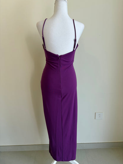 Purple Ruched Midi Dress with Cowl Neck
