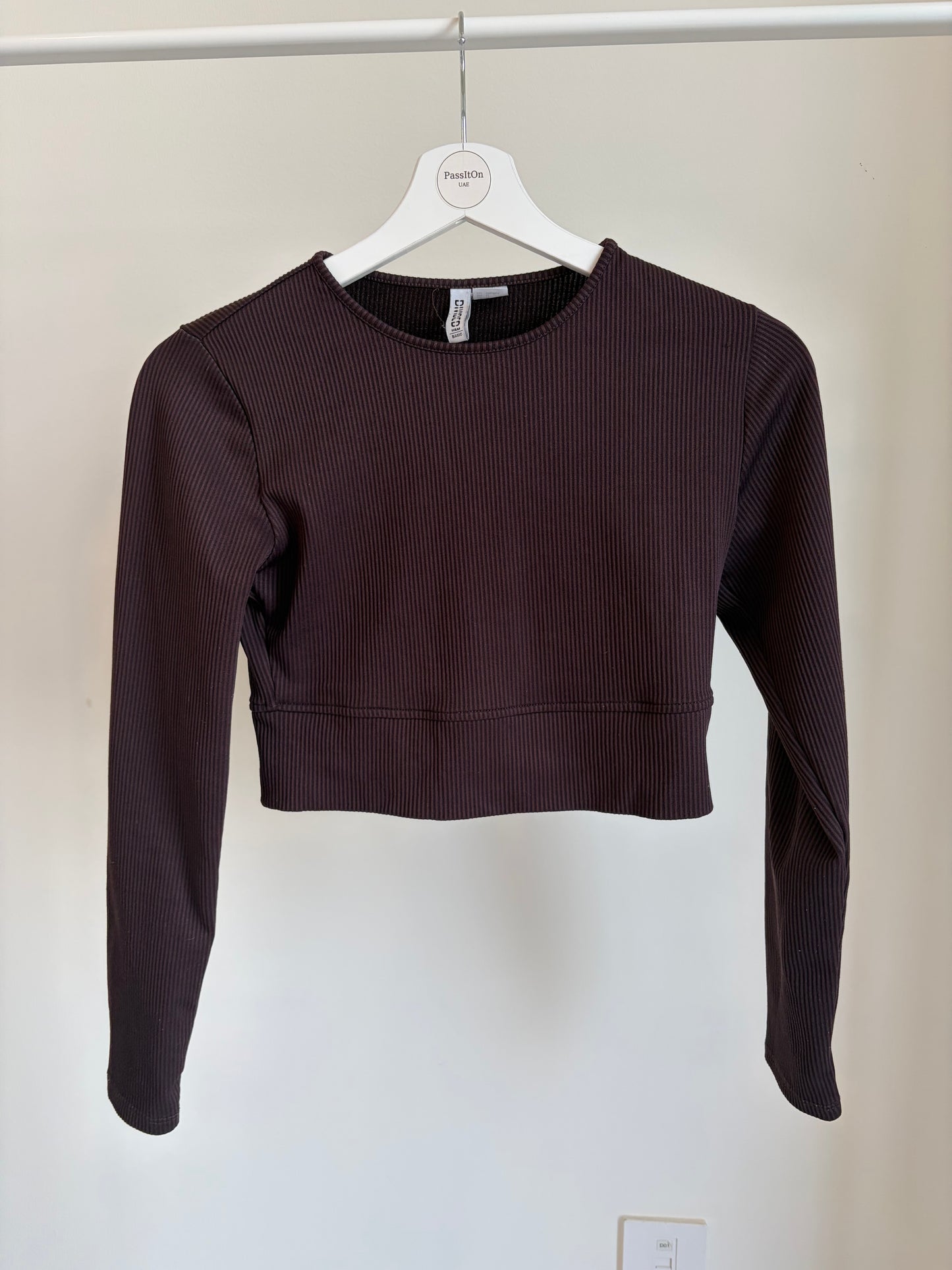 Brown Ribbed Long Sleeve Crop Top