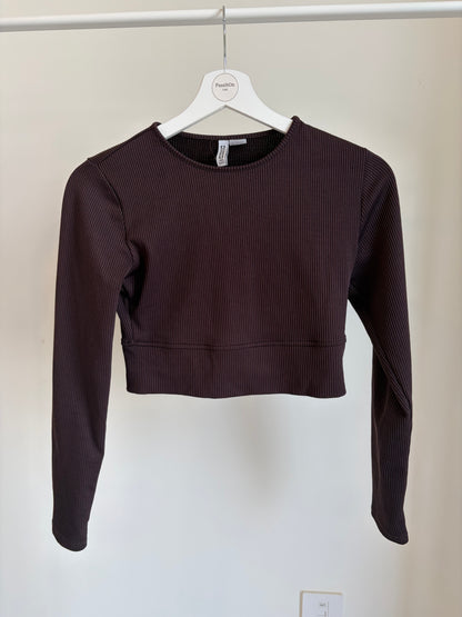 Brown Ribbed Long Sleeve Crop Top