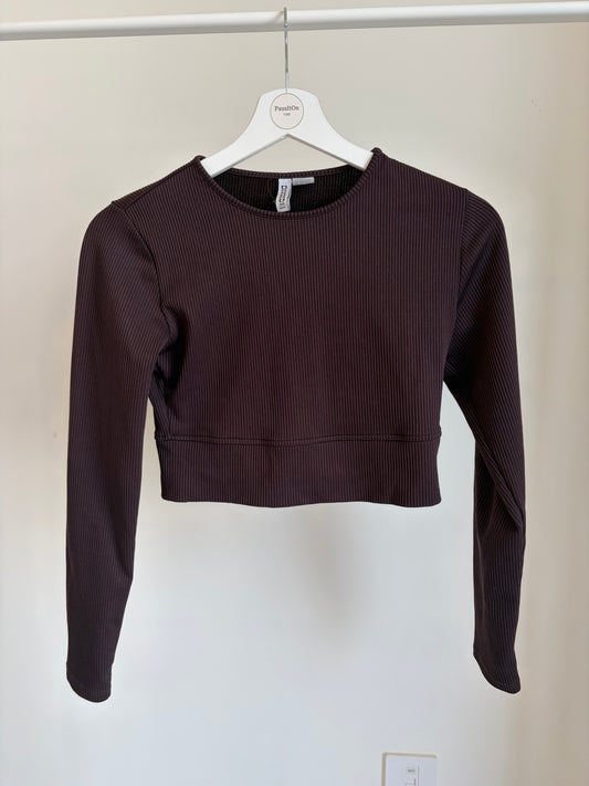 Brown Ribbed Long Sleeve Crop Top