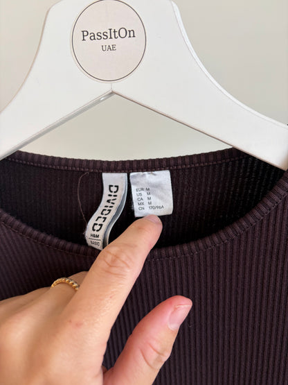Brown Ribbed Long Sleeve Crop Top