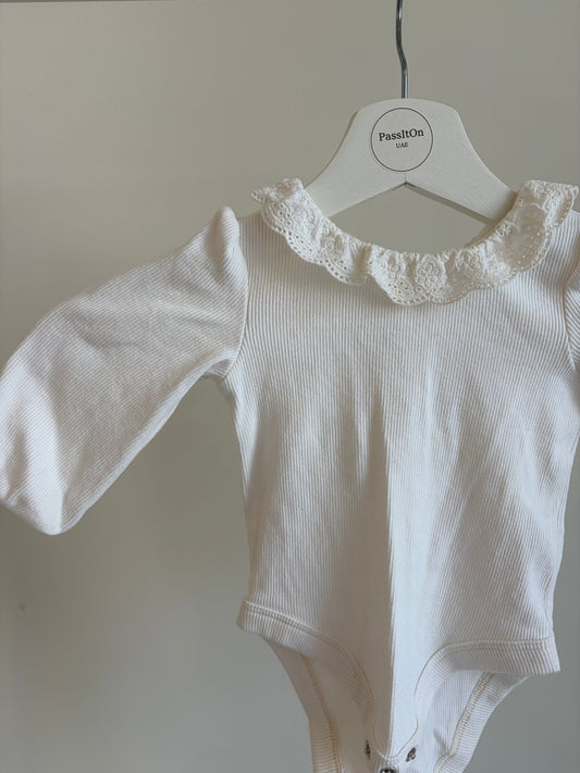 White Ribbed Baby Bodysuit with Lace Collar