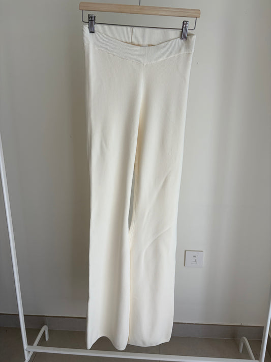 Cream ribbed flare pants