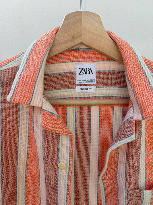 Zara Relaxed Fit Textured Stripe Short Sleeve Shirt – Coral Multi