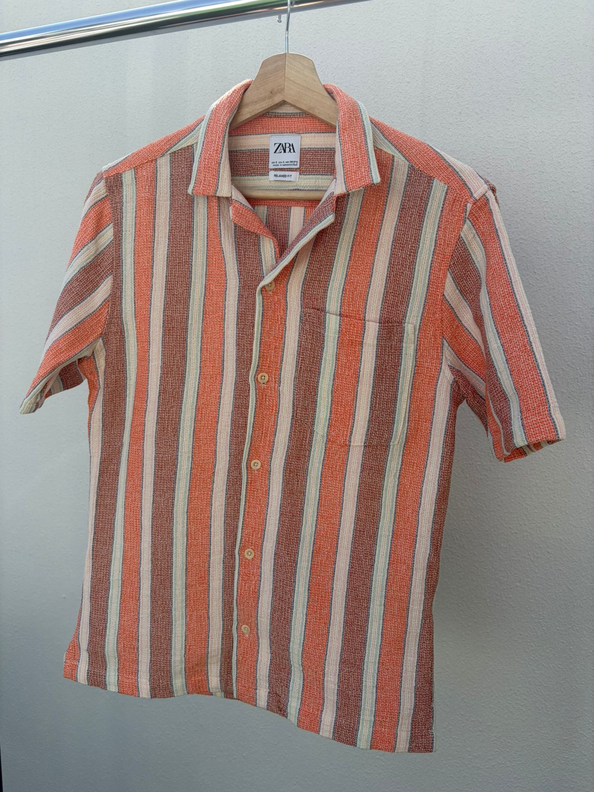 Zara Relaxed Fit Textured Stripe Short Sleeve Shirt – Coral Multi