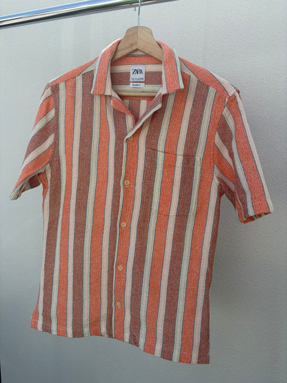 Zara Relaxed Fit Textured Stripe Short Sleeve Shirt – Coral Multi
