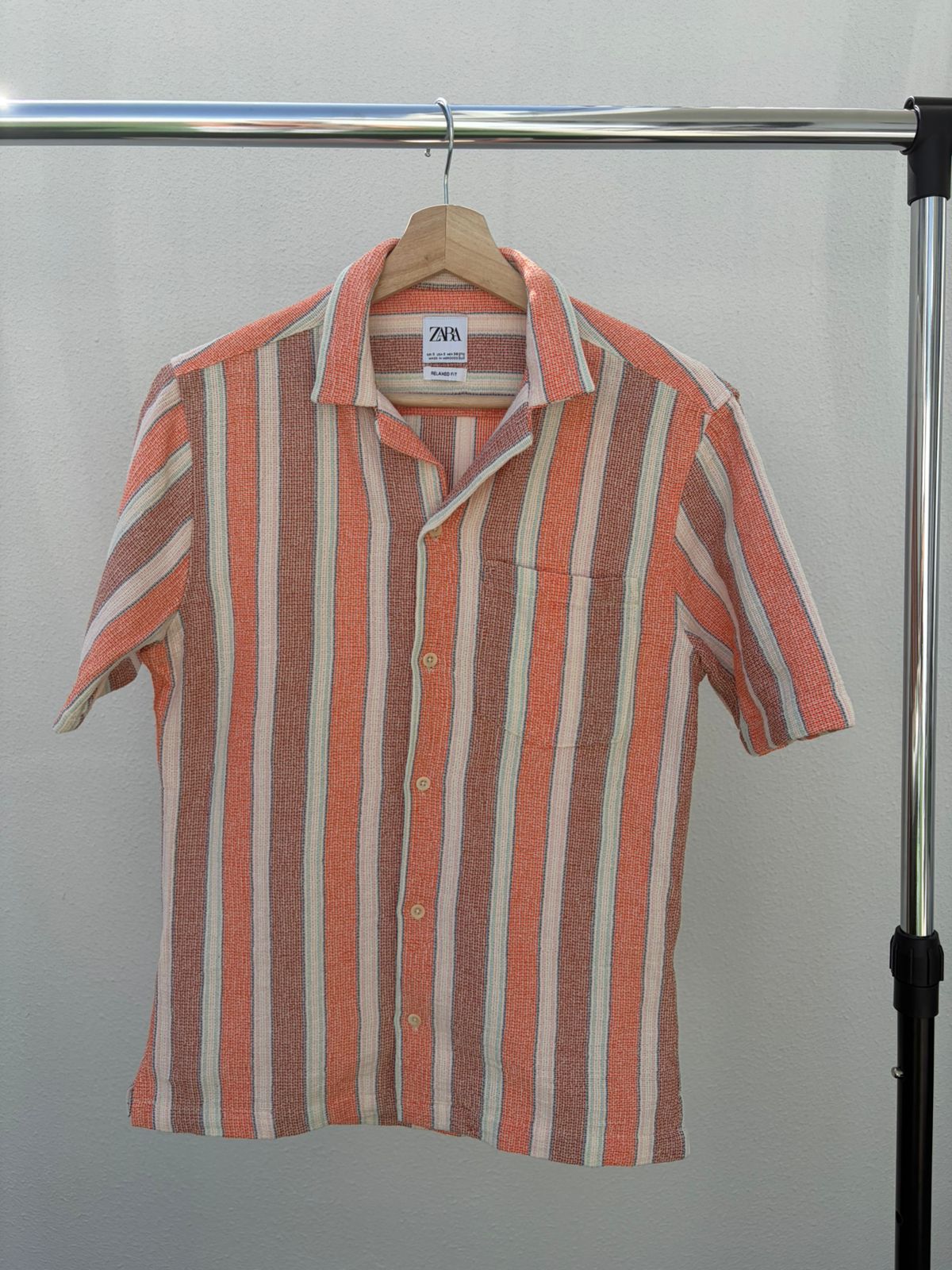 Zara Relaxed Fit Textured Stripe Short Sleeve Shirt – Coral Multi