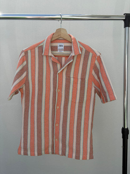 Zara Relaxed Fit Textured Stripe Short Sleeve Shirt – Coral Multi