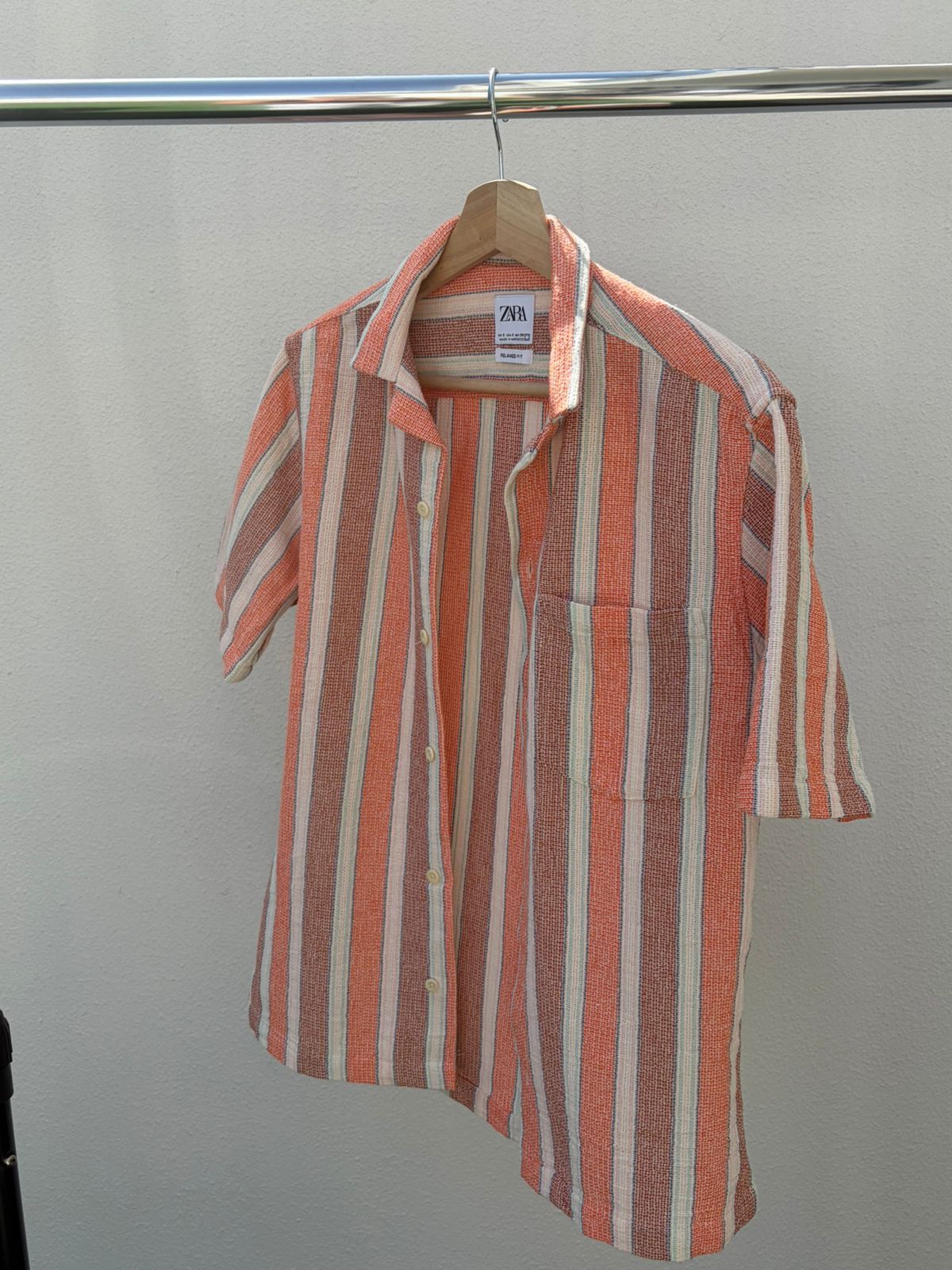 Zara Relaxed Fit Textured Stripe Short Sleeve Shirt – Coral Multi